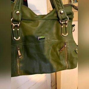 Vintage Chic Olive Green Leather Jimmy Choo Shoulder Bag with Gold Accents